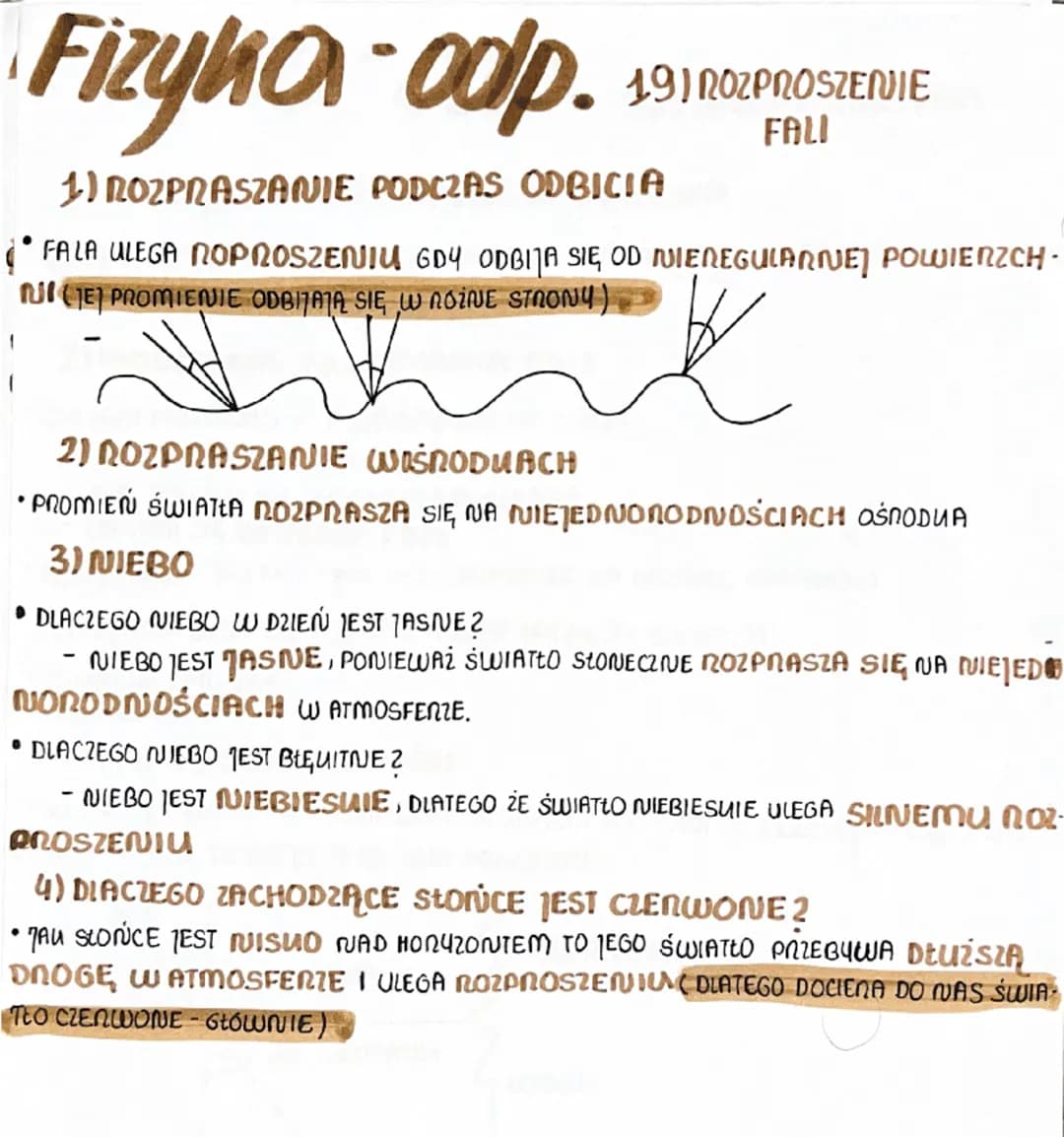 Fizyka-odp.
18) POWIERZCHNIE FALOWE.
ODBICIE FALI
1) RODZAJE FAL NA WODZIE
⚫ HOLISTE
.
PLASUIE
2) PROMIEŃ FALI
PROMIEN FALI- LINIA PROSTOPAD