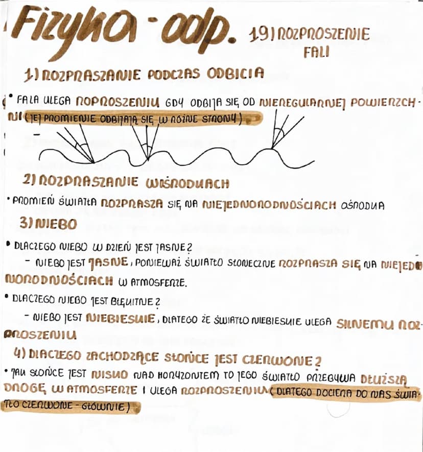 Fizyka-odp.
18) POWIERZCHNIE FALOWE.
ODBICIE FALI
1) RODZAJE FAL NA WODZIE
⚫ HOLISTE
.
PLASUIE
2) PROMIEŃ FALI
PROMIEN FALI- LINIA PROSTOPAD