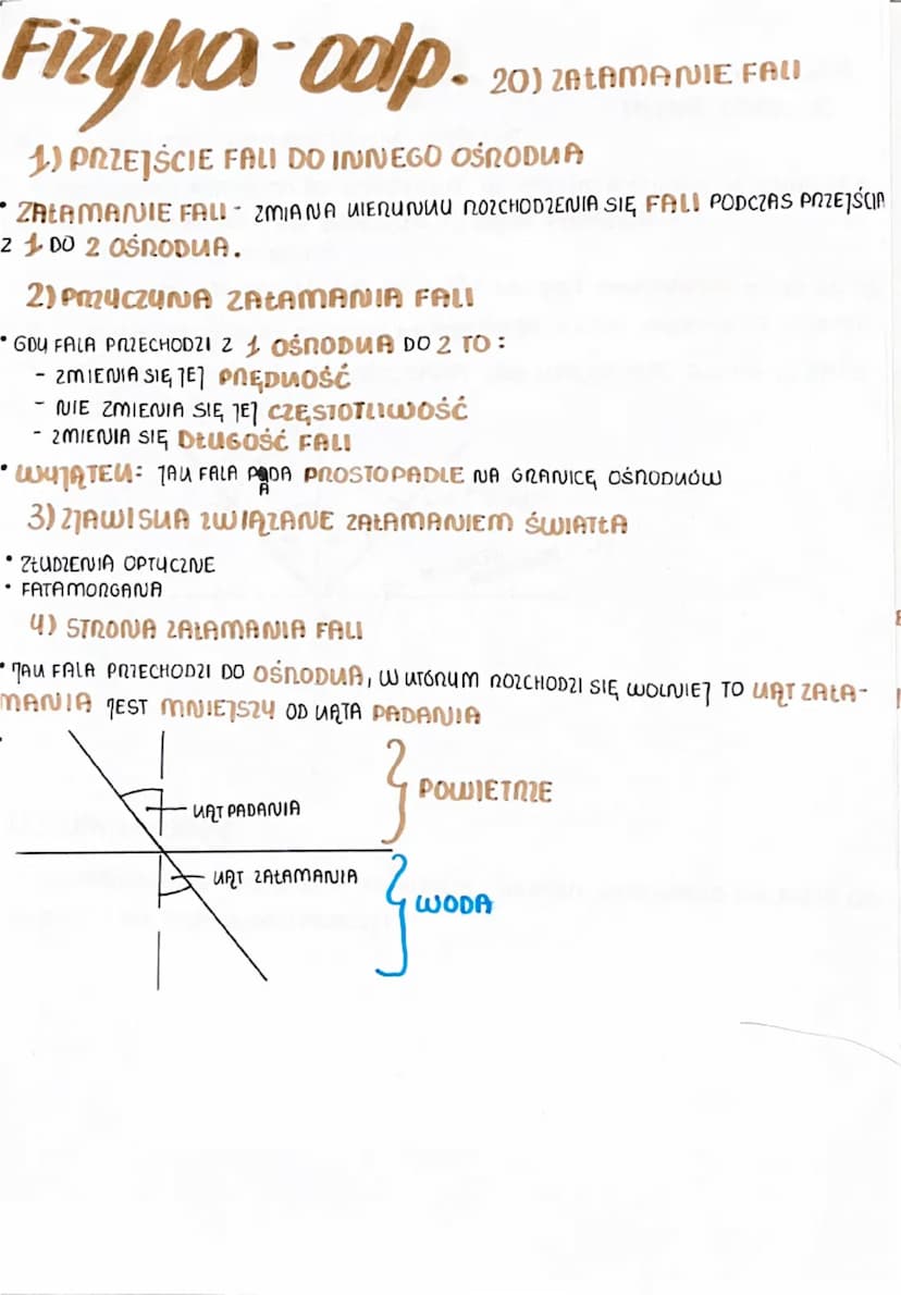 Fizyka-odp.
18) POWIERZCHNIE FALOWE.
ODBICIE FALI
1) RODZAJE FAL NA WODZIE
⚫ HOLISTE
.
PLASUIE
2) PROMIEŃ FALI
PROMIEN FALI- LINIA PROSTOPAD