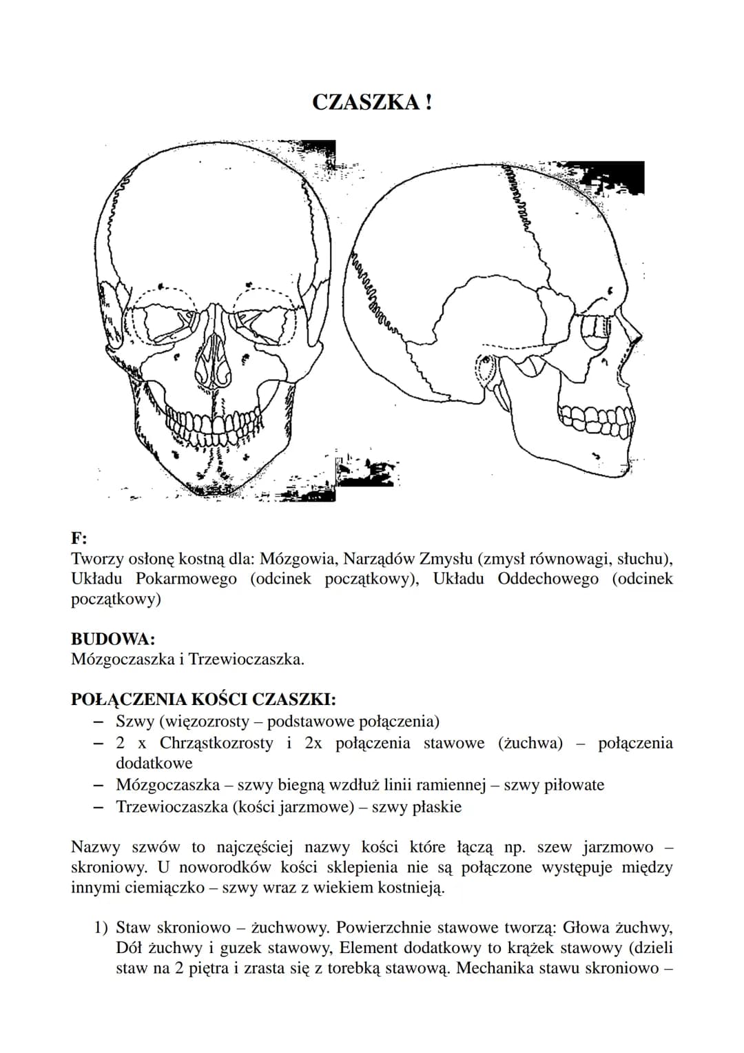 CZASZKA!
F:
Tworzy osłonę kostną dla: Mózgowia, Narządów Zmysłu (zmysł równowagi, słuchu),
Układu pokarmowego (odcinek początkowy), Układu O