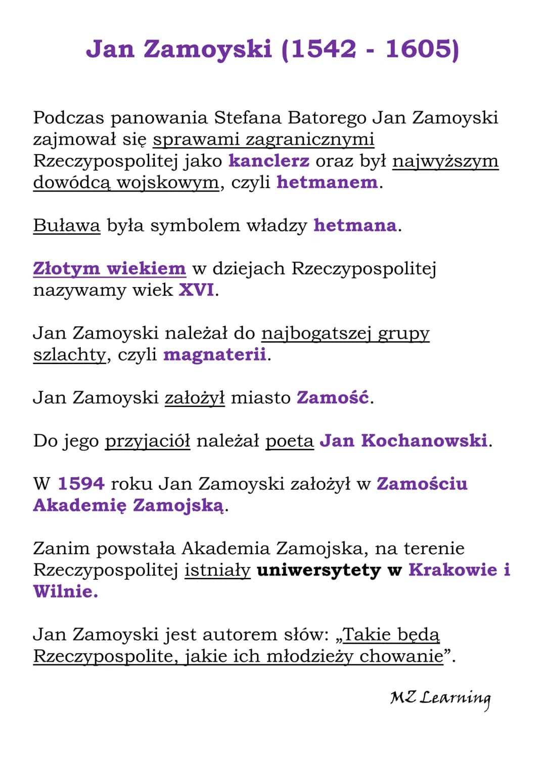 Jan Zamoyski (1542 - 1605)
Podczas panowania Stefana Batorego Jan Zamoyski
zajmował się sprawami zagranicznymi
Rzeczypospolitej jako kancler