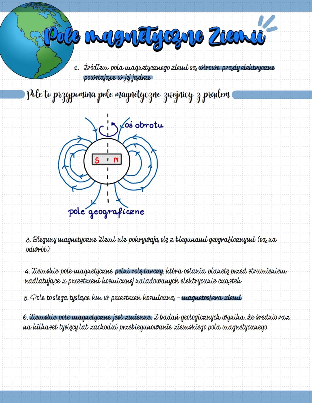 Pole magnetyczne Zienu
1. Zródłem pola magnetycznego ziemi są wirowe prądy elektryczne.
powstające w jej ją drze
Pole to przypomina pole mag