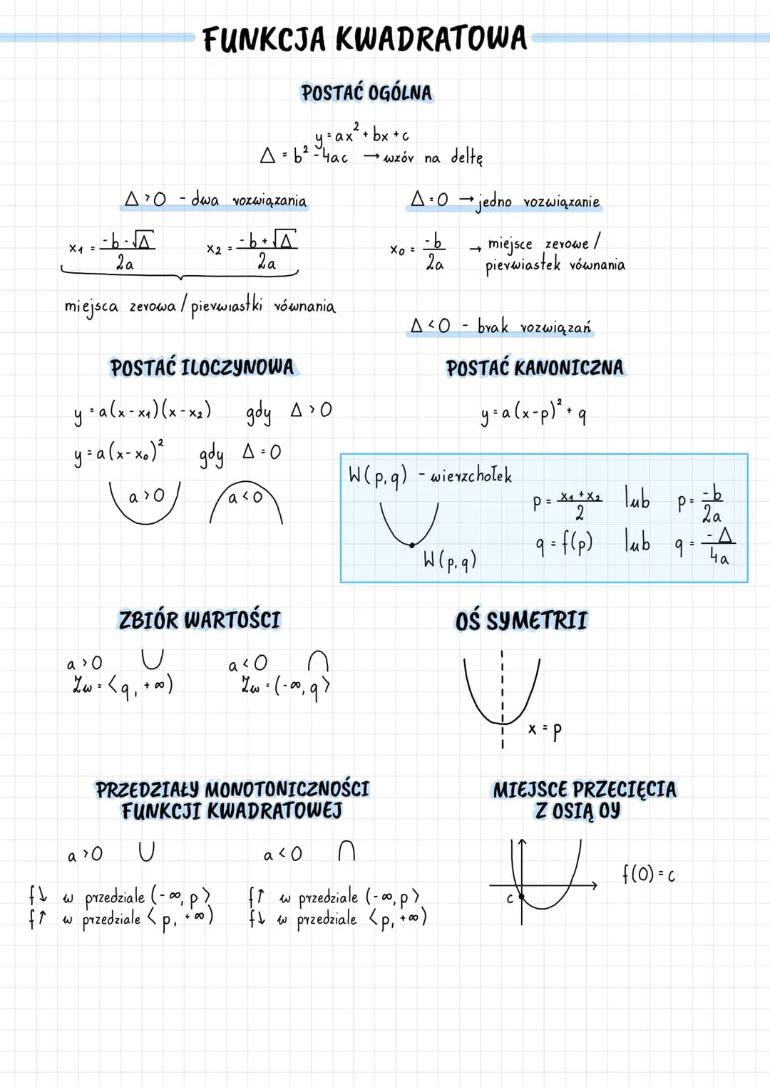 A>O - dwa vozwiązania
-b+√A
2a
FUNKCJA KWADRATOWA
POSTAĆ OGÓLNA
y = a:
= ax² + bx + c
A=b²-4ac →wzóv na
x₁ =-6-√
2a
miejsca zerowa / pierwia