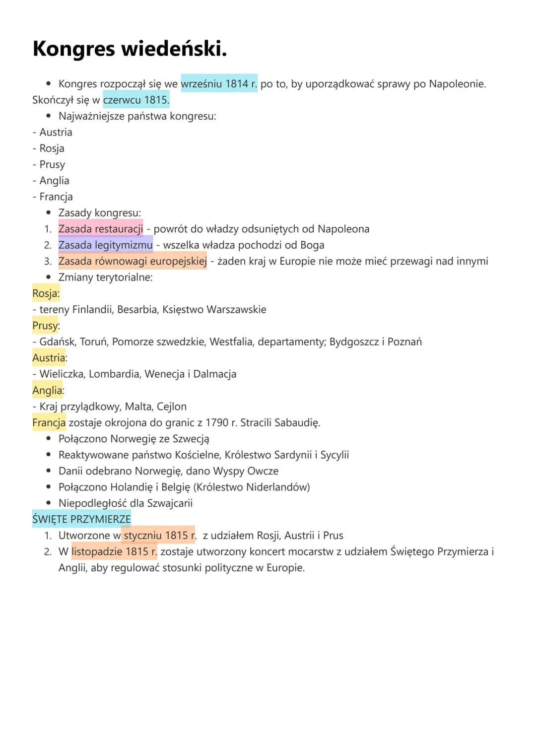 
<p>Kongres wiedeński rozpoczął się we wrześniu 1814 roku, aby uporządkować sprawy po Napoleonie i trwał do czerwca 1815 roku. W skład najwa