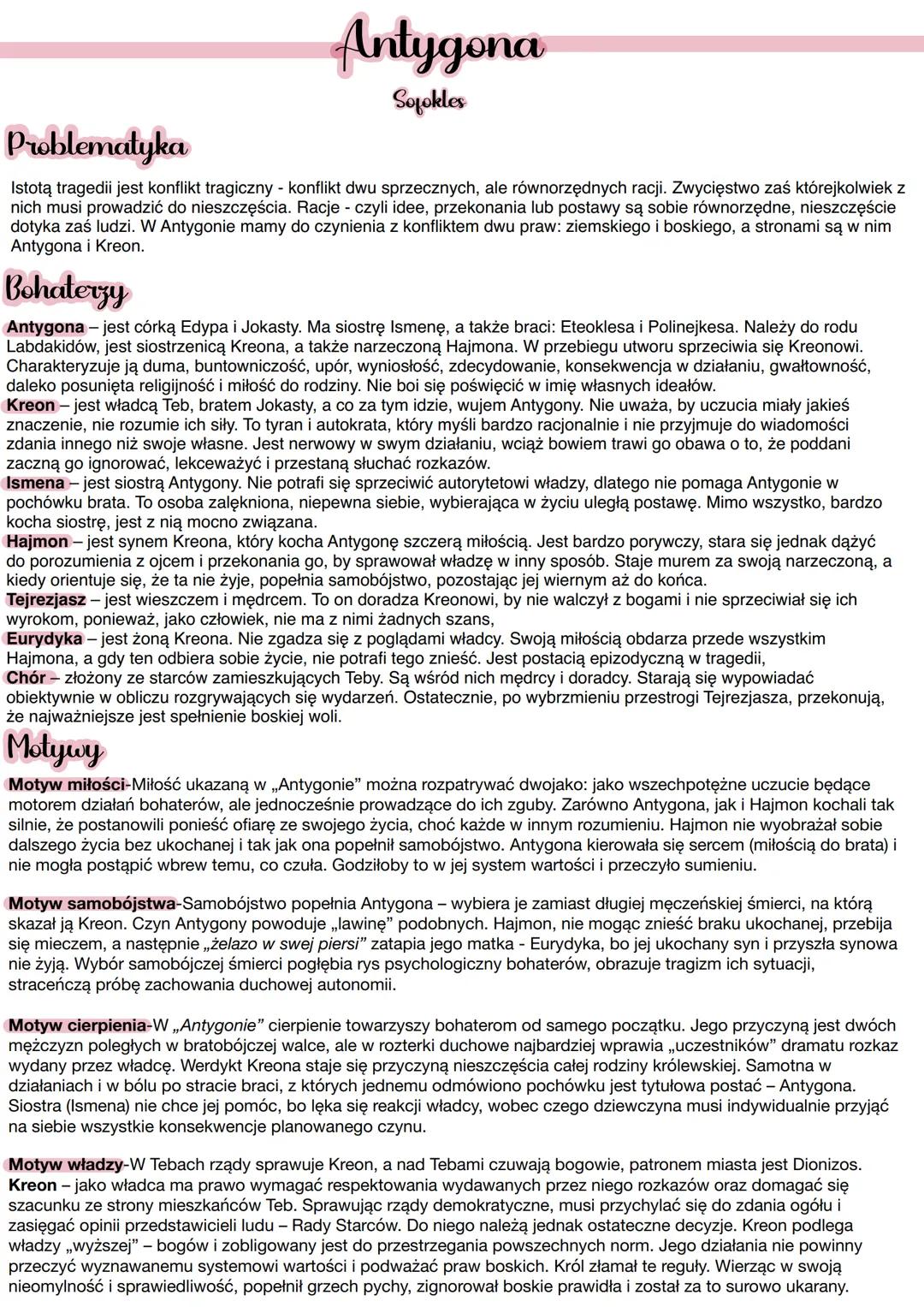 Antygona
Sofokles
Problematyka
Istotą tragedii jest konflikt tragiczny - konflikt dwu sprzecznych, ale równorzędnych racji. Zwycięstwo zaś k