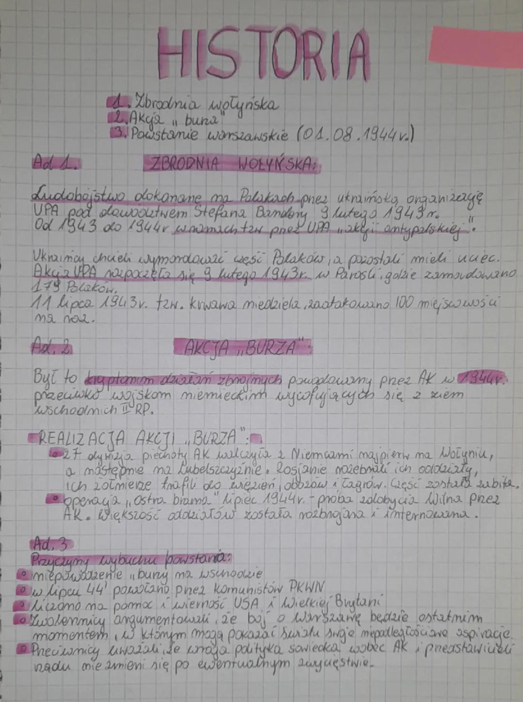 --- OCR Start ---
Ad 1.
HISTORIA
4. Zbrodnia wołyńska
2. Акця випа
3. Powstanie warszawskie (01.08.1944v.)
ZBRODNIA WOŁYŃSKA:
Ludobójstwo do