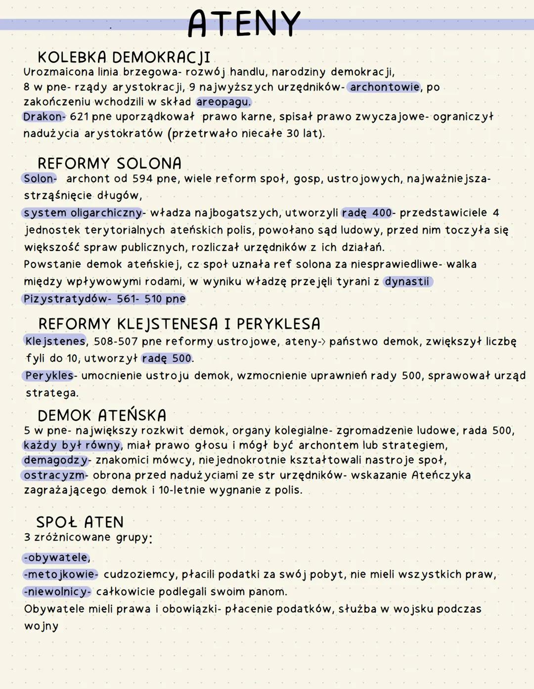 ATENY
KOLEBKA DEMOKRACJI
Urozmaicona linia brzegowa- rozwój handlu, narodziny demokracji,
8 w pne- rządy arystokracji, 9 najwyższych urzędni