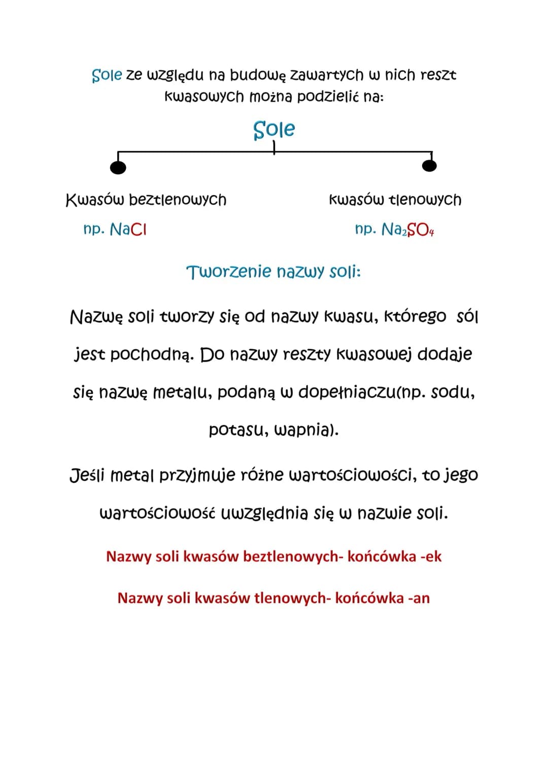 Chemia
Wzory i nazwy soli
1. Sole to związki chemiczne, które zbudowane są z
kationów metali(lub kationów będących grupą atomów np.
NH4) ora