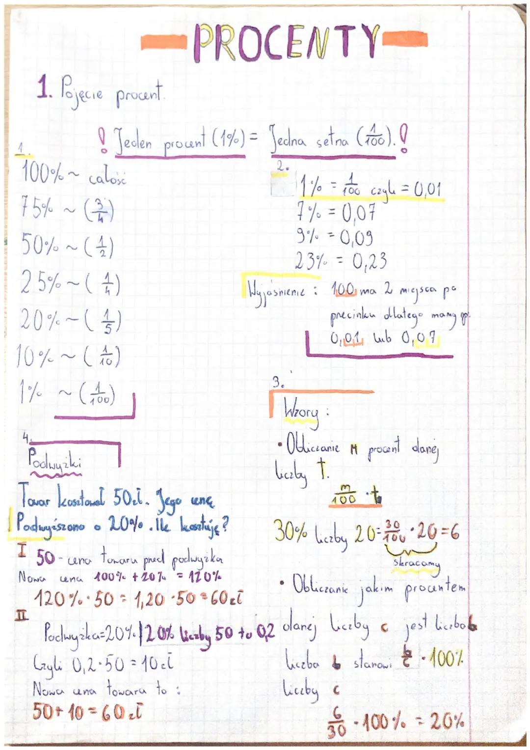 1. Pojecie procent.
- 100% ~ calore
75% ~ (2)
50% ~ ( 1/2 )
25% ~ ( 4 )
20%-( // )
10% ~ ( )
1% ~ (4)
IL
! Jeden procent (1%) = Jedna setna 