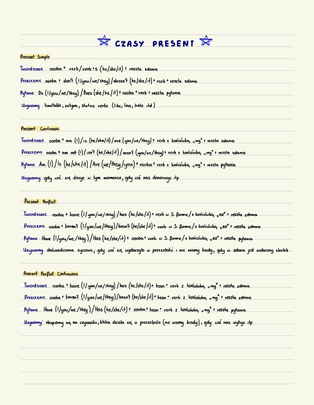 CZASY PRESENT
Present Simple
Twierdzenie osoba + verb/verb +s (he/she/it) + veszta zdania
Przeczenie osoba + don't (1/you/we/they) / doesn't