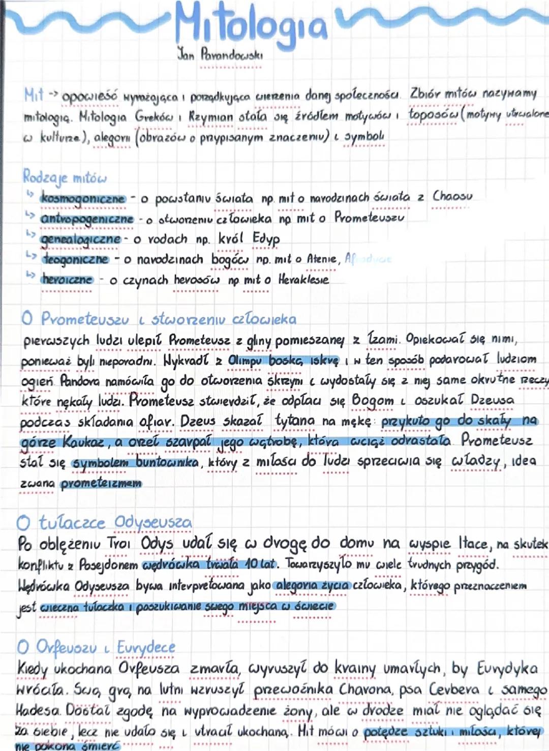 Mitologia
Jan Parandowski
Mit - opowieść wyrażająca i porządkująca wierzenia danej społeczności. Zbiór mitów nazywamy
mitologia. Mitologia G