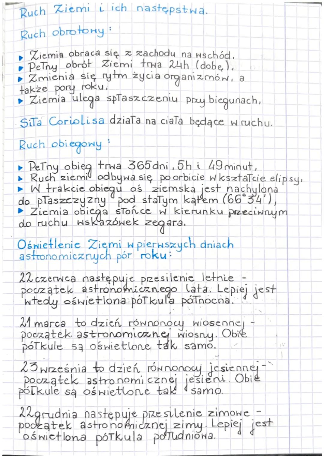 Ruch Ziemi i ich następstwa.
Ruch obrotowy :
Ziemia obraca się z zachodu na wschód.
• PeTny obrót Ziemi trwa 24h (dobe),
• Zmienia się rytm 