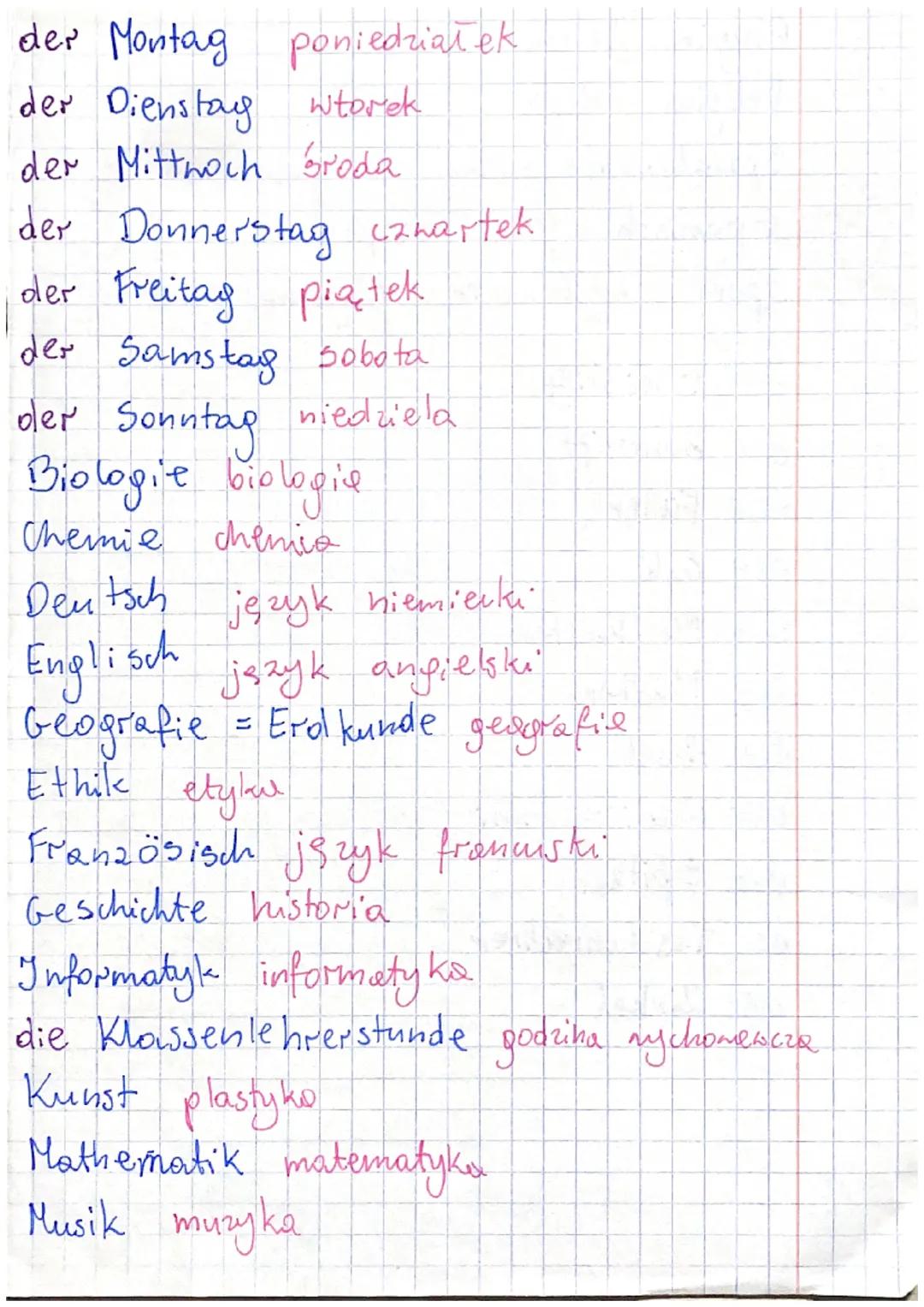 Dni tygodnia, przedmioty i przybory szkolne po niemiecku