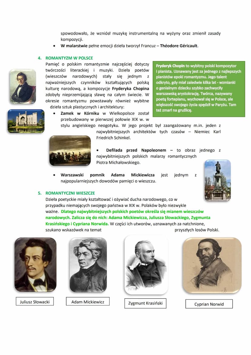 KULTURA POLSKIEGO
2
ROMANTYZMU
1. POLSKI ROMANTYZM
Epoka romantyczna wydała najwybitniejszych twórców polskiej literatury pięknej, muzyki,
m