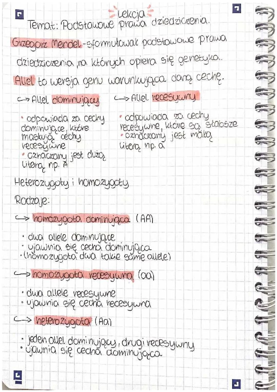 „notatka z lekcji” - biologia podstawowe prawa dziedziczenia 