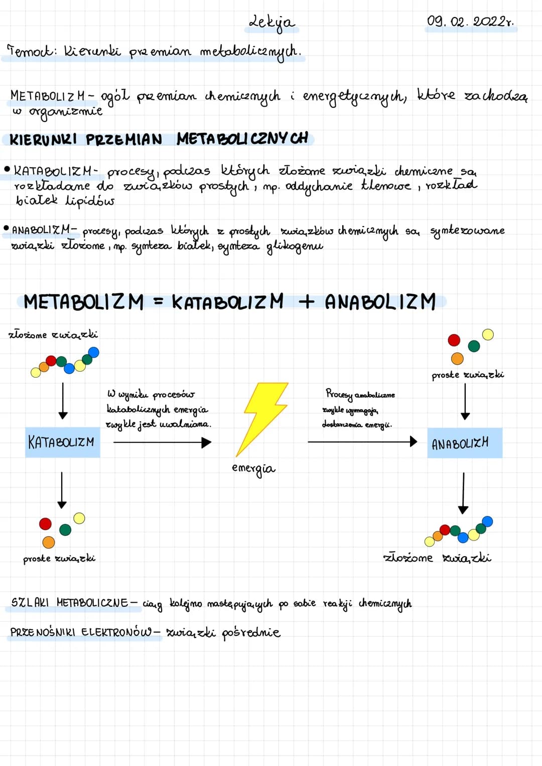Lekja
Temat: Kierunki przemian metabolicznych.
METABOLIZM- ogól przemian chemicznych i energetycznych, które zachodzą
organizmie
W
KIERUNKI 
