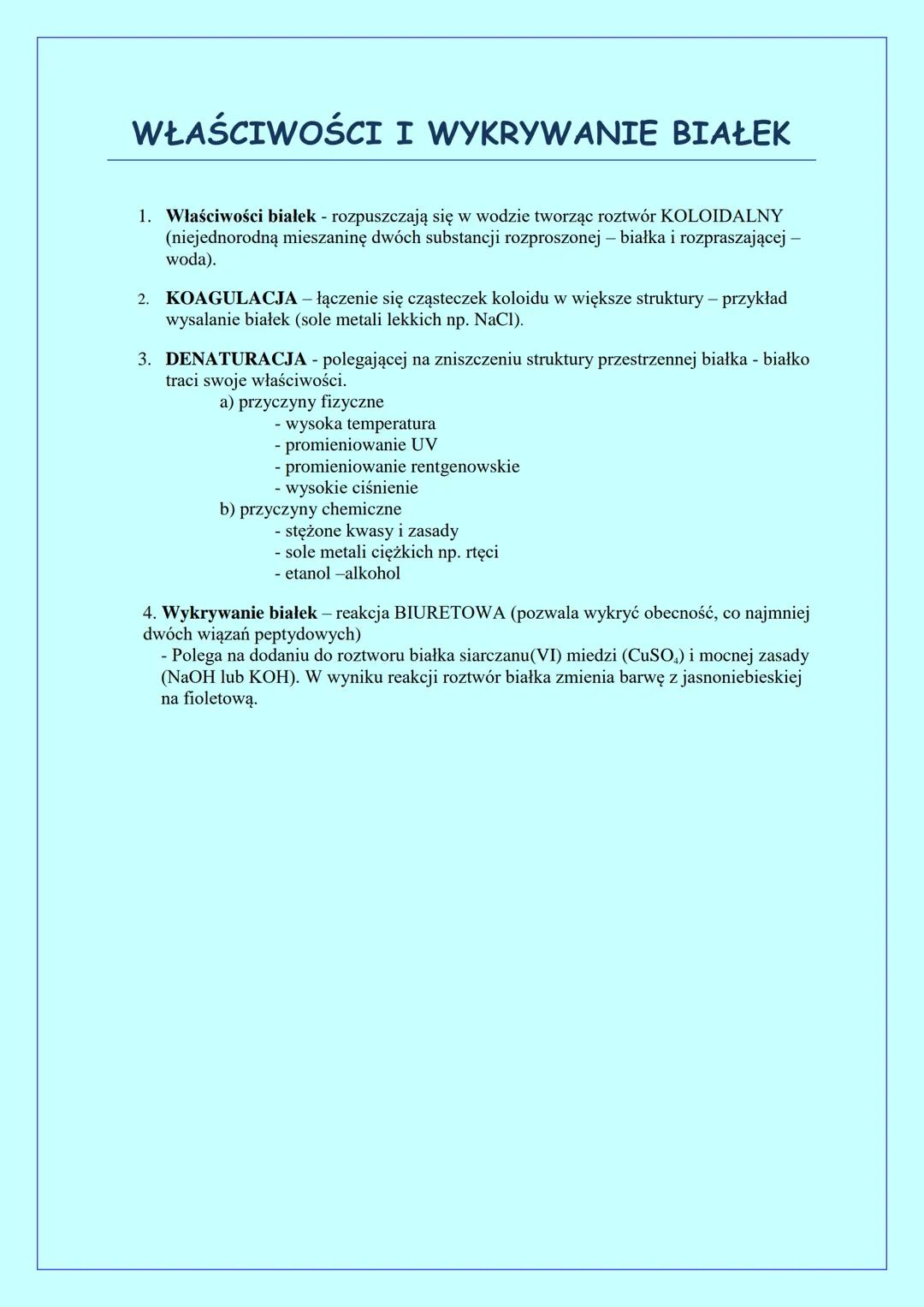 # WŁAŚCIWOŚCI I WYKRYWANIE BIAŁEK

1. Właściwości białek - rozpuszczają się w wodzie tworząc roztwór KOLOIDALNY
(niejednorodną mieszaninę dw