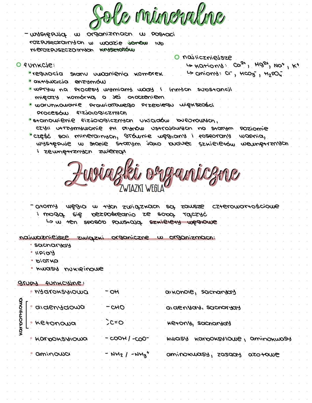 # Sole mineralne

- występują w organizmach w postaci
rozpuszczalnych w woazie jonów lub
nierozpuszczalnych krysztatów

O najliczniejsze

O 