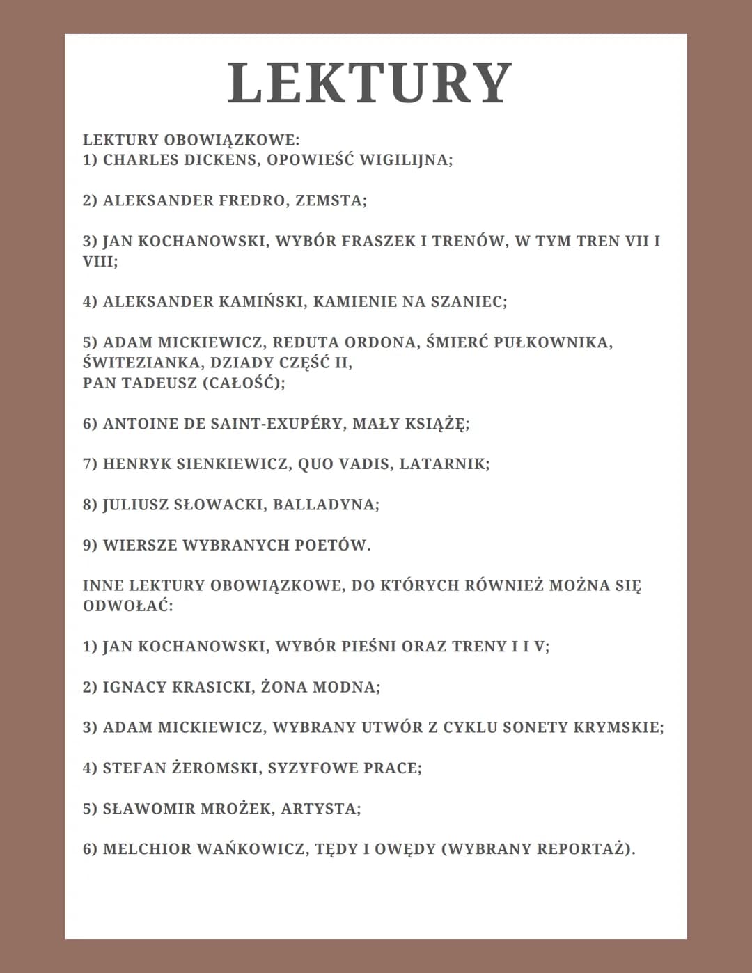 EGZAMIN
ÓSMOKLASISTY
JĘZYK POLSKI
2023 LEKTURY
LEKTURY OBOWIĄZKOWE:
1) CHARLES DICKENS, OPOWIEŚĆ WIGILIJNA;
2) ALEKSANDER FREDRO, ZEMSTA;
3)