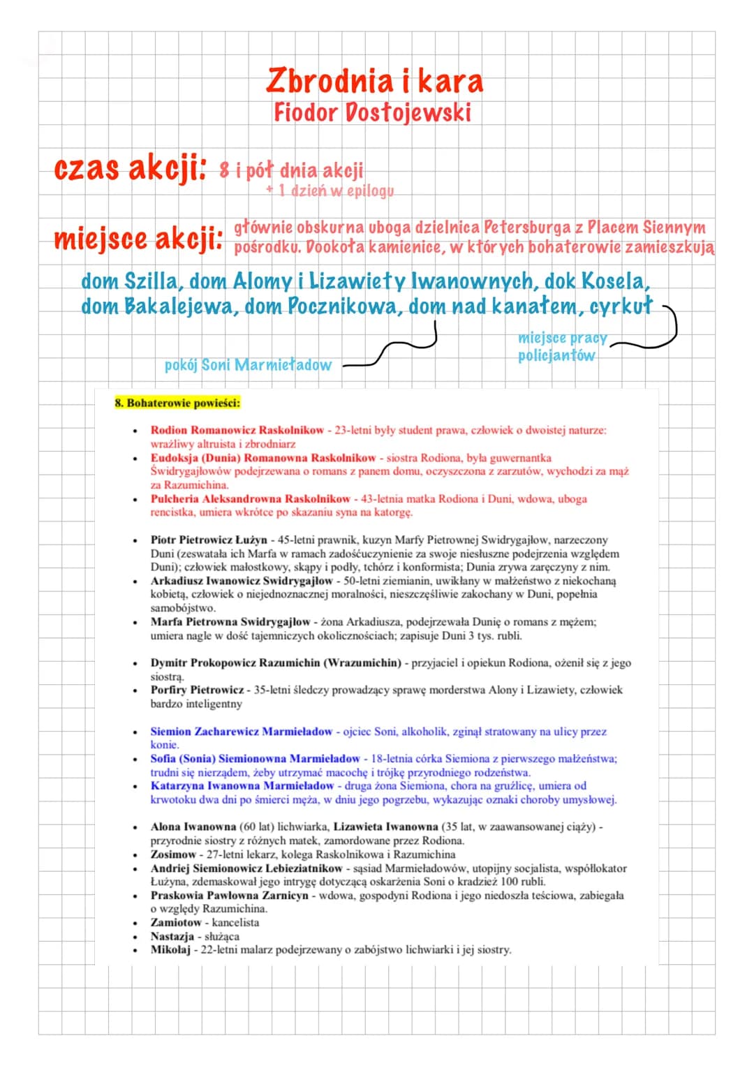 czas akcji: 8 i pół dnia akeji
1 dzień w epilogu
głównie obskurna uboga dzielnica Petersburga z Placem Siennym
miejsce akcji: pośrodku. Dook