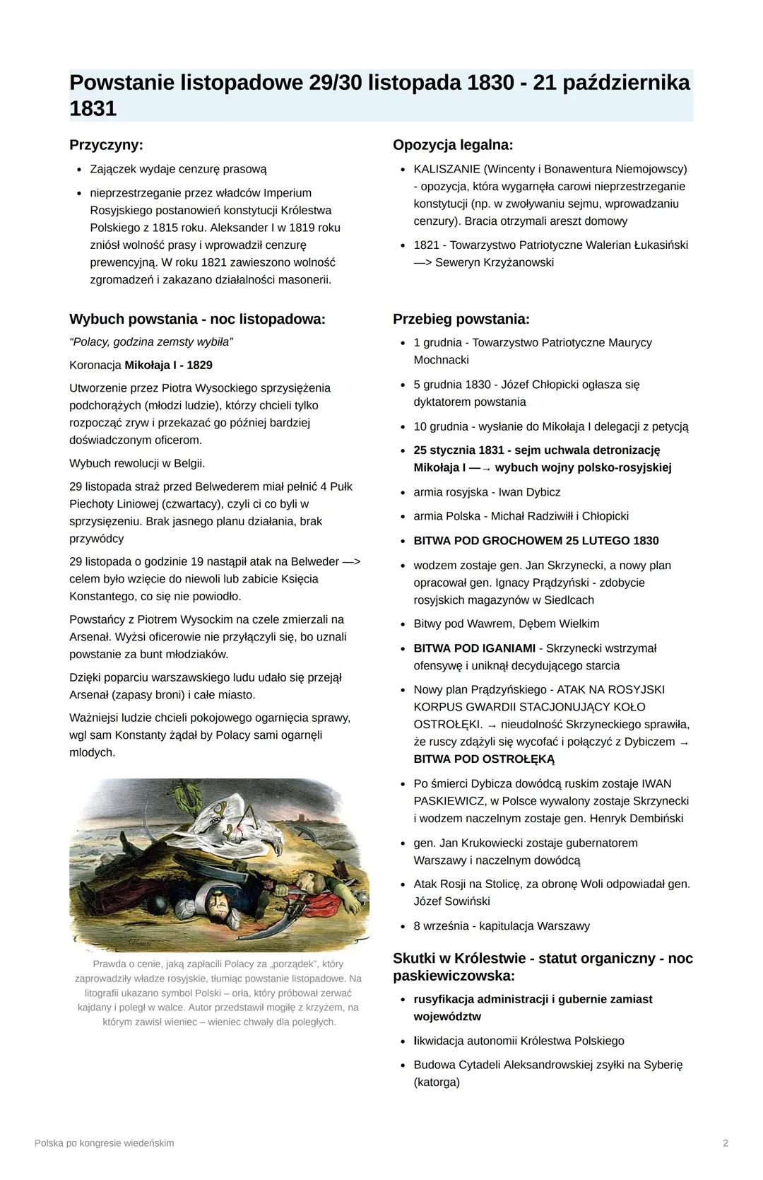 Powstanie listopadowe 29/30 listopada 1830 - 21 października
1831
Przyczyny:
Zajączek wydaje cenzurę prasową
• nieprzestrzeganie przez władc