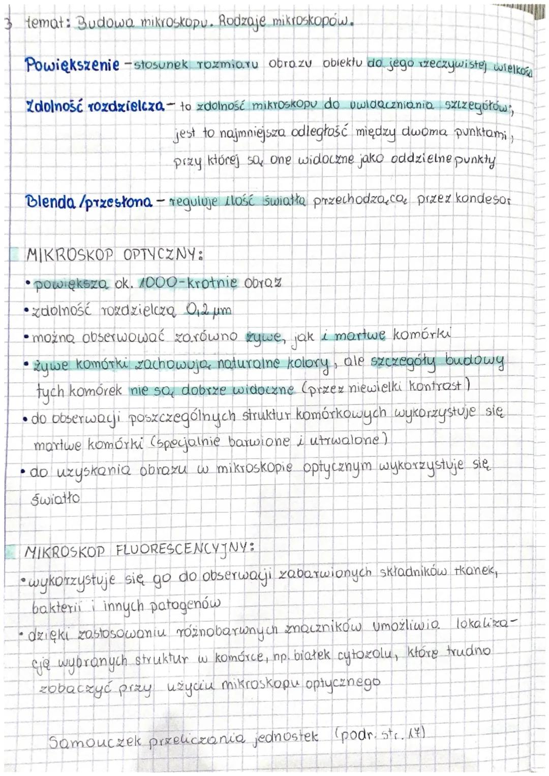 3 temat: Budowo mikroskopu. Rodzaje mikroskopów.
Powiększenie - stosunek rozmio.ru Obro.zu obiektu do jego rzeczywistej wielko
Zdolność rozd