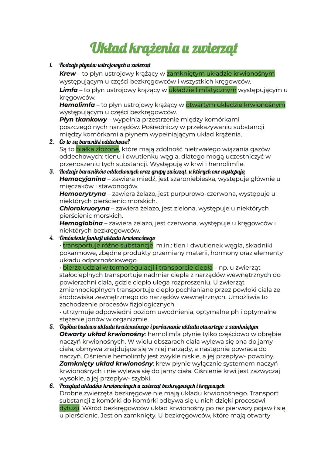 Układ krążenia u zwierząt
1. Rodzaje płynów ustrojowych u zwierząt
Krew - to płyn ustrojowy krążący w zamkniętym układzie krwionośnym
występ