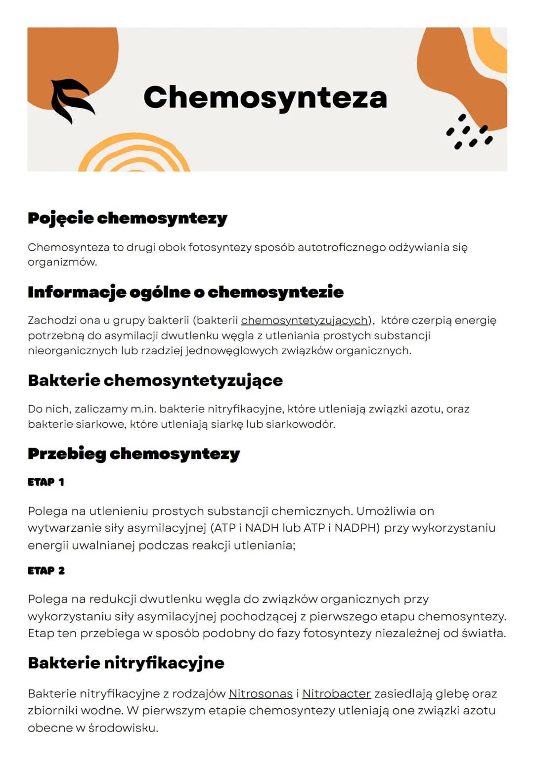 Pojęcie chemosyntezy
Chemosynteza to drugi obok fotosyntezy sposób autotroficznego odżywiania się
organizmów.
Chemosynteza
Informacje ogólne