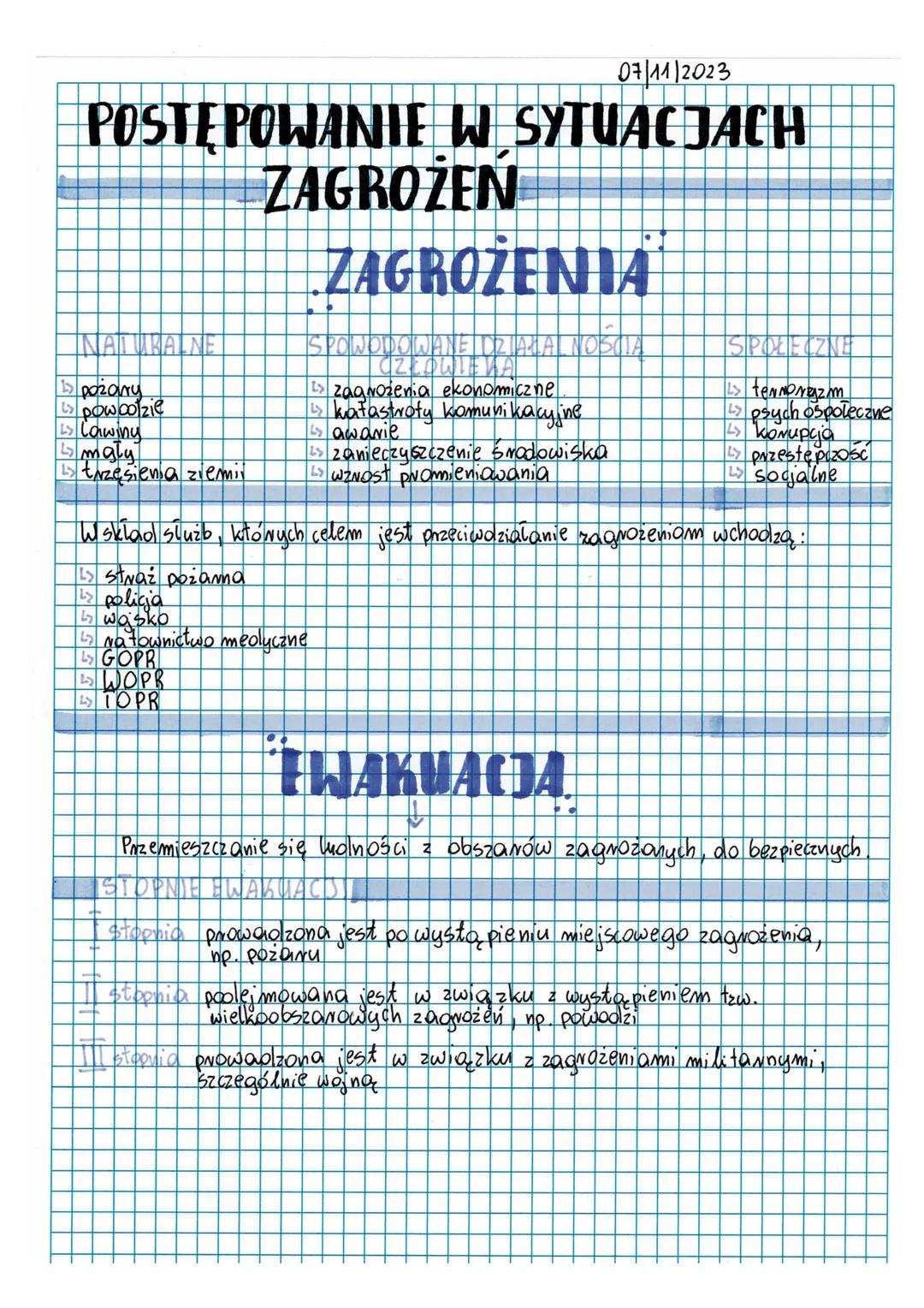 07/11/2023

# POSTĘPOWANIE W SYTUACJACH
## ZAGROŻEN

## ZAGROŻENIA

NATURALNE | SPOWODOWANE DZIAŁALNOŚCIĄ CZŁOWIEKA | SPOŁECZNE
---|---|---
