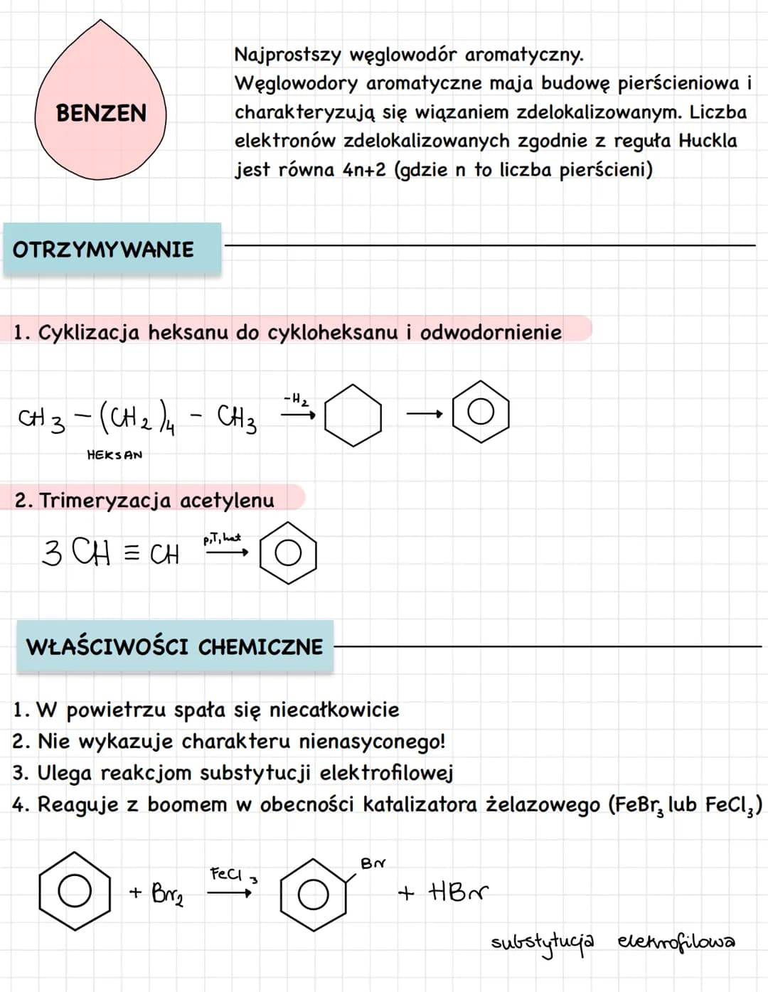 BENZEN
OTRZYMYWANIE
1. Cyklizacja heksanu do cykloheksanu i odwodornienie
Najprostszy węglowodór aromatyczny.
Węglowodory aromatyczne maja b