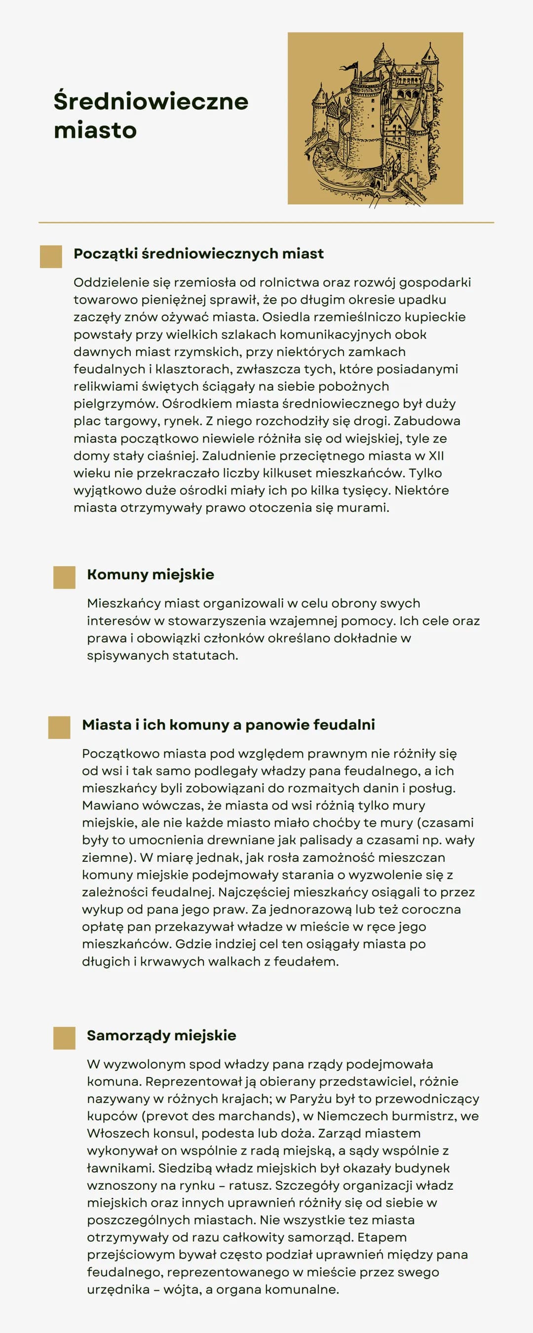 Średniowieczne
miasto
Początki średniowiecznych miast
Oddzielenie się rzemiosła od rolnictwa oraz rozwój gospodarki
towarowo pieniężnej spra