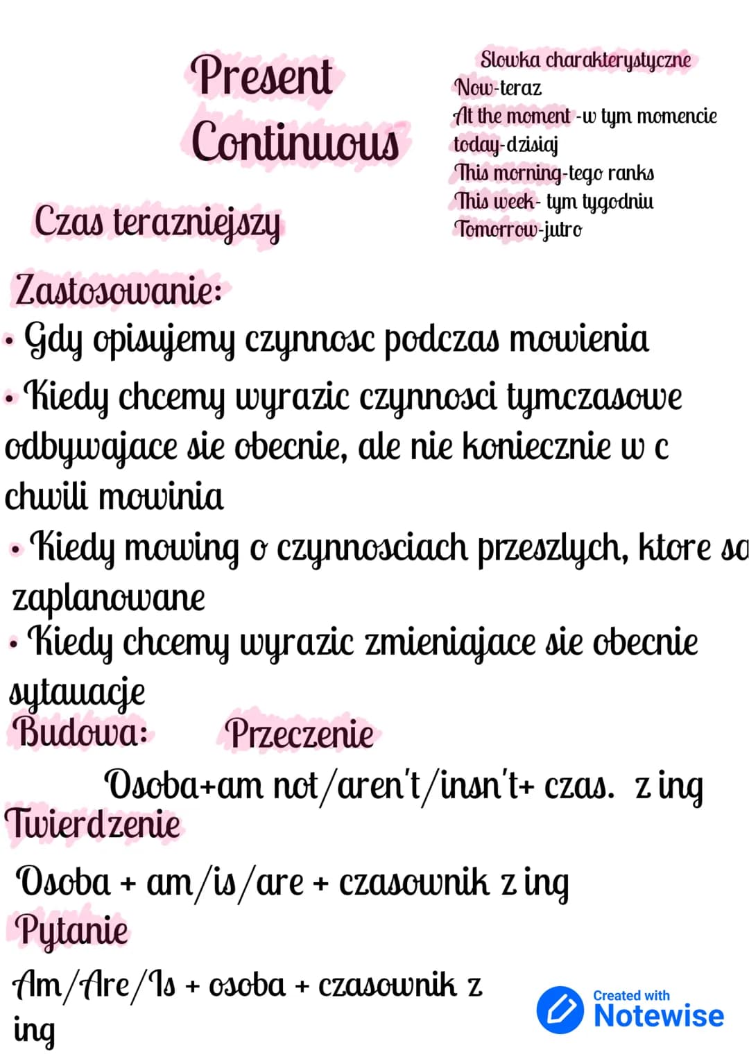 ●
●
Present
Continuous
Czas terazniejszy
Zastosowanie:
Gdy opisujemy czynnosc podczas mowienia
Kiedy chcemy wyrazic czynnosci tymczasowe
odb
