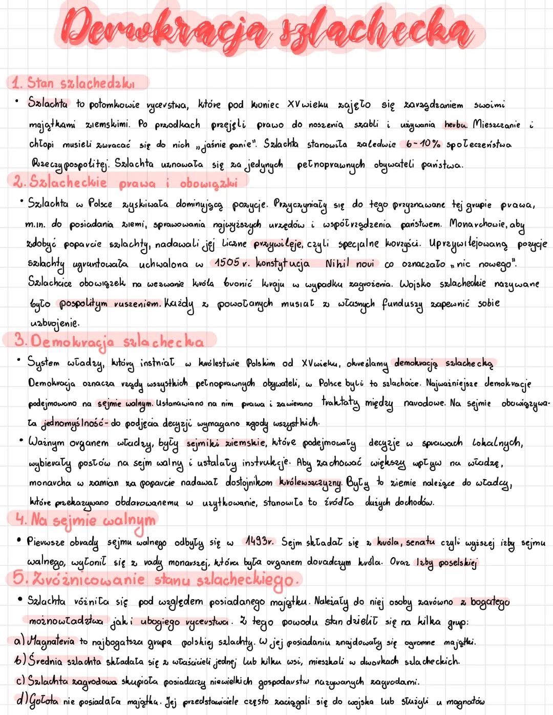 # Derwkracja szlachecha

1. Stan szlachedzkı

*   Szlachta to potomkowie rycerstwa, które pod koniec XV wieku zajęło się zarządzaniem swoimi