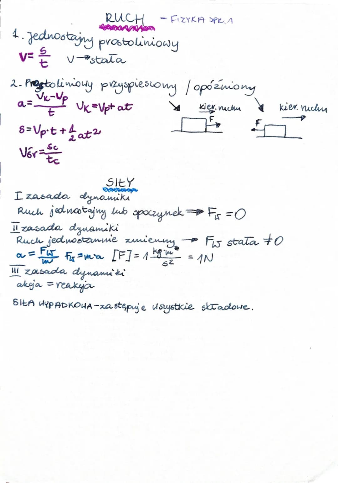 4. Jednostajny prostoliniowy
v=1/2 √-stała
5=Up⋅t + 1/ at
Vár=
RUCH
Ba
2. Prosto liniowy przyspieszony / opóźniony
a = √k-Up
Uk=Vpt at
t
Sc
