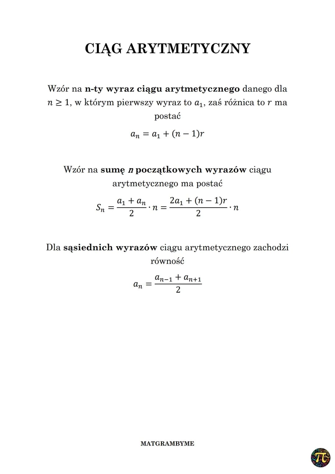CIĄG ARYTMETYCZNY
Wzór na n-ty wyraz ciągu arytmetycznego danego dla
n≥ 1, w którym pierwszy wyraz to α₁, zaś różnica to r ma
postać
ana₁ + 