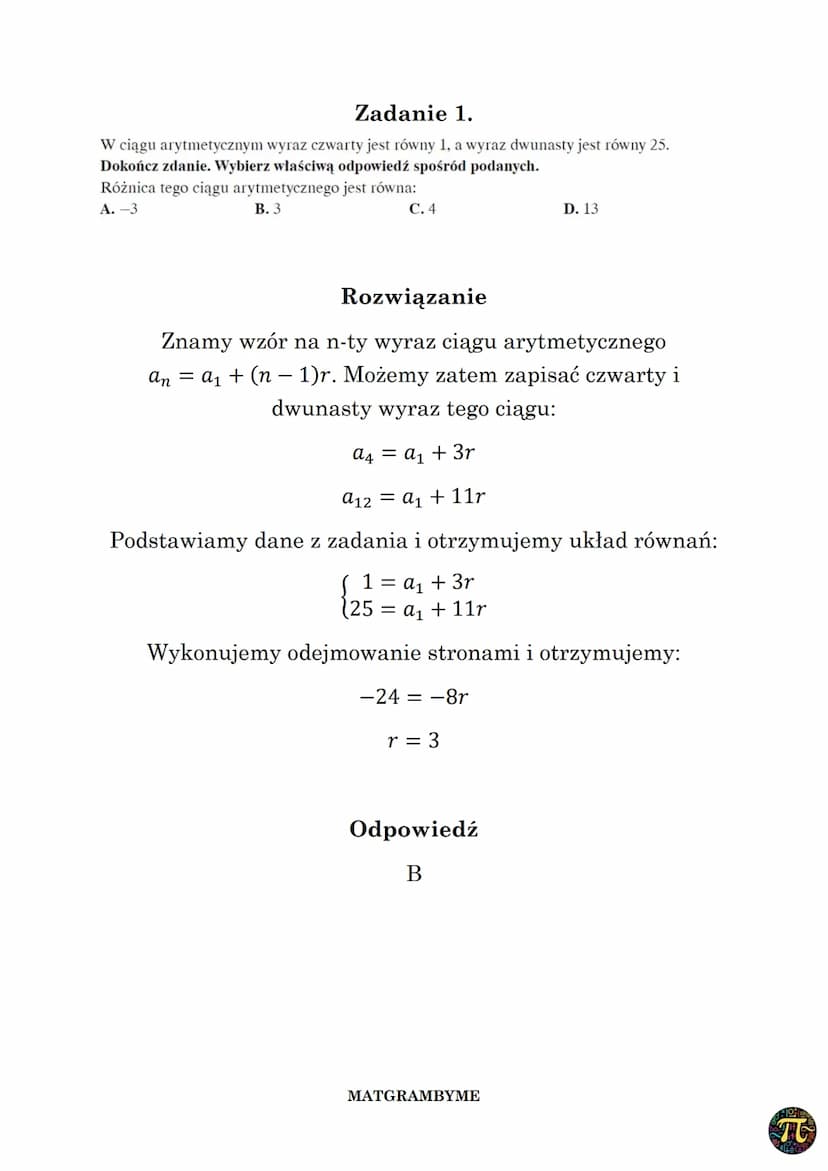 CIĄG ARYTMETYCZNY
Wzór na n-ty wyraz ciągu arytmetycznego danego dla
n≥ 1, w którym pierwszy wyraz to α₁, zaś różnica to r ma
postać
ana₁ + 