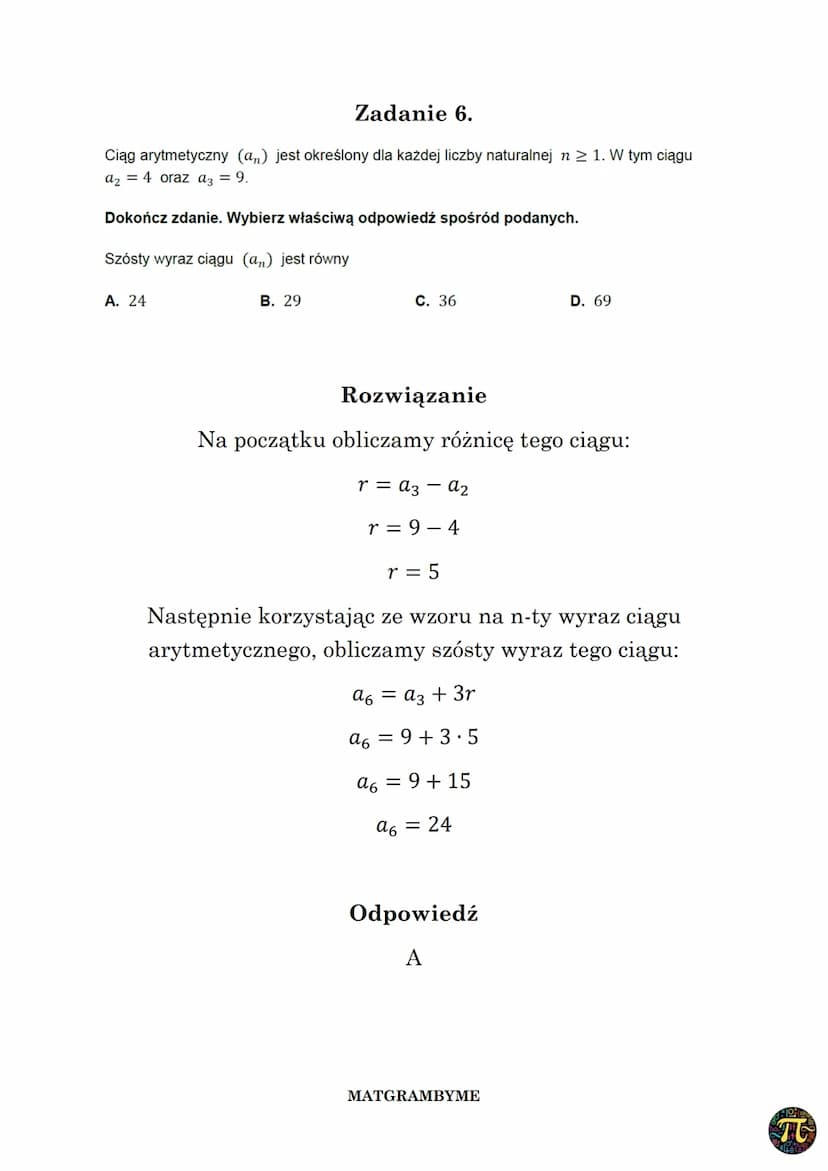 CIĄG ARYTMETYCZNY
Wzór na n-ty wyraz ciągu arytmetycznego danego dla
n≥ 1, w którym pierwszy wyraz to α₁, zaś różnica to r ma
postać
ana₁ + 