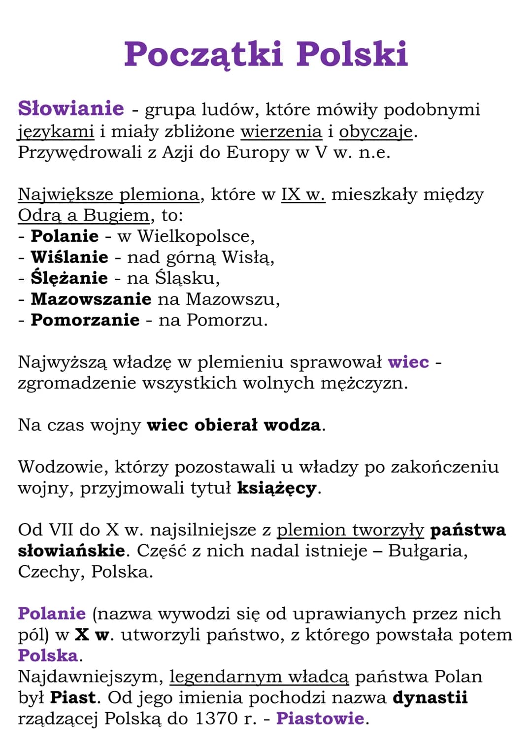 Początki Polski
Słowianie - grupa ludów, które mówiły podobnymi
językami i miały zbliżone wierzenia i obyczaje.
Przywędrowali z Azji do Euro