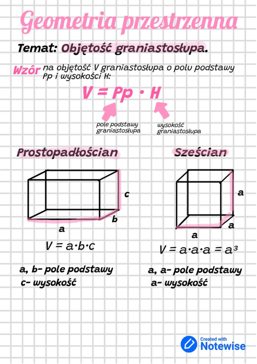 Geometria przestrzenna
Temat: Objętość graniastosłupa..
Wzór na objętość V graniastosłupa o polu podstawy
Pp i wysokości H:
secre
V=Pp •H
po