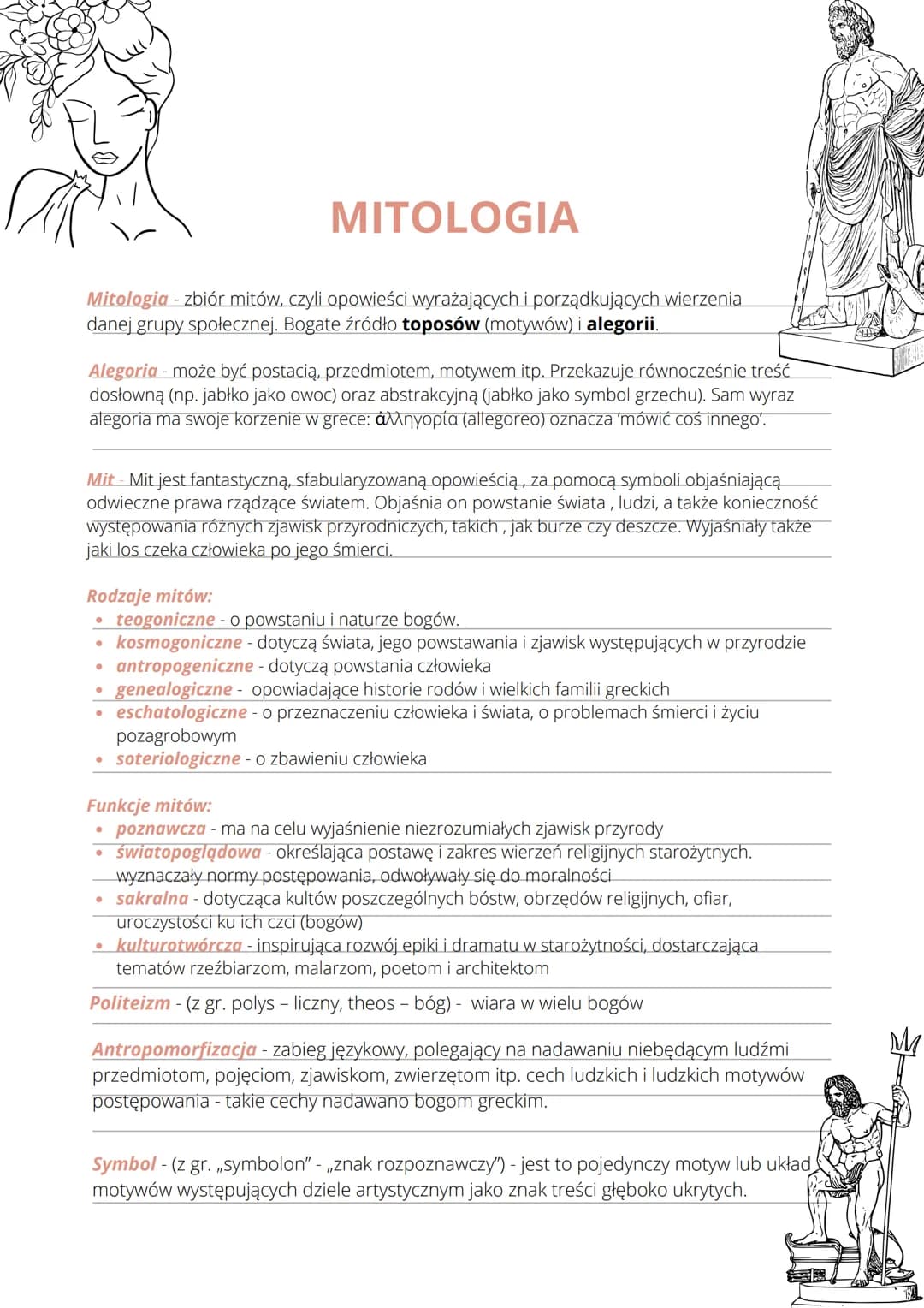 MITOLOGIA
Mitologia - zbiór mitów, czyli opowieści wyrażających i porządkujących wierzenia
danej grupy społecznej. Bogate źródło toposów (mo