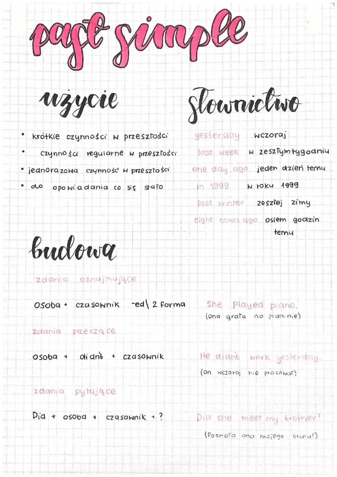 past simple
род
uzycie
krótkie czynności w przeszłości
czynności regularne w przeszłości
• jednorazowa czynność w przeszłości
opowiadania co