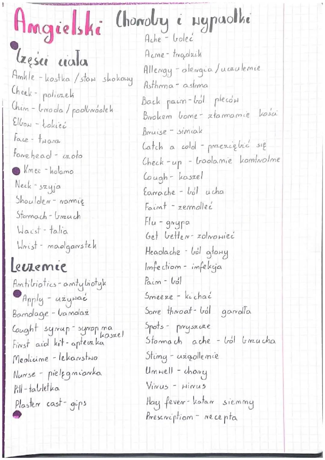 Angielski ZDROWIE dla 8 klasy - części ciała, choroby i leczenie