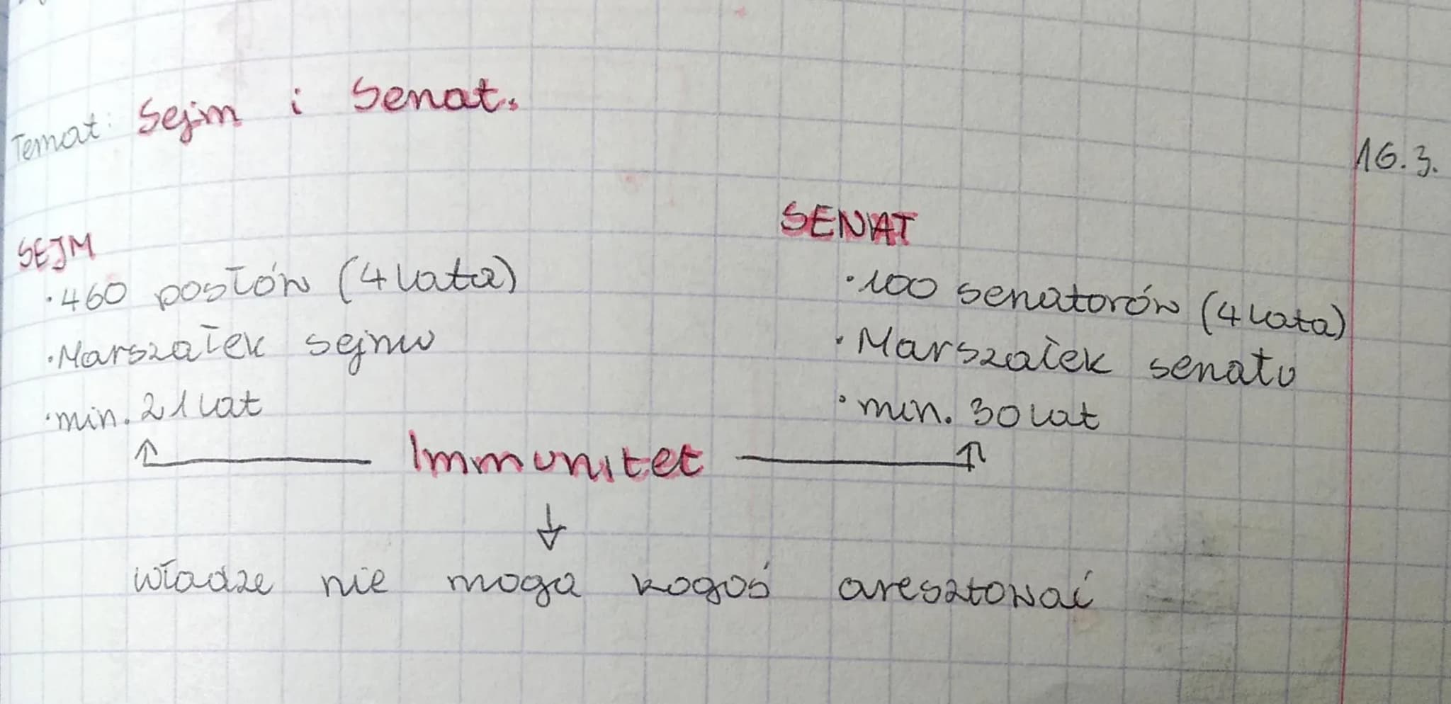Temat: Sejm
: Senat,
SEJM
•460 postów (4 lata)
•Marszałek sejni
min. 21 lat
^
władze nie
Immunitet
↓
тода кодой
SENAT
•100 senatorów (4 lata