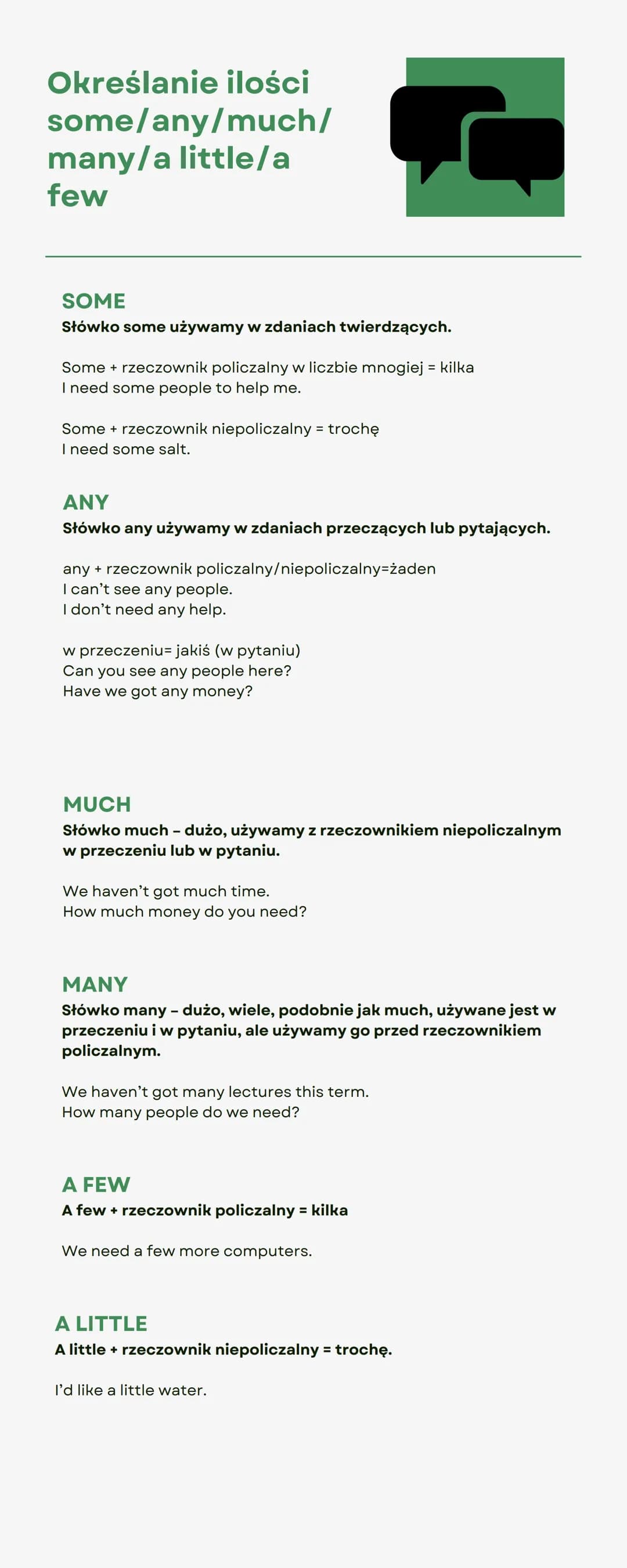 Określanie ilości
some/any/much/
many/a little/a
few
SOME
Słówko some używamy w zdaniach twierdzących.
Some + rzeczownik policzalny w liczbi