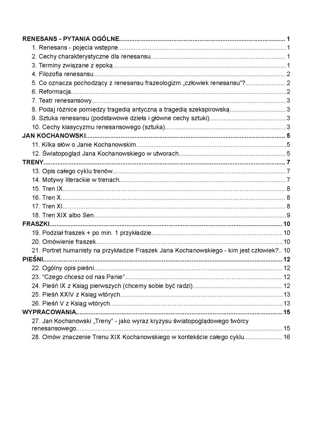 Notatki o Renesansie dla Liceum i Janie Kochanowskim - PDF