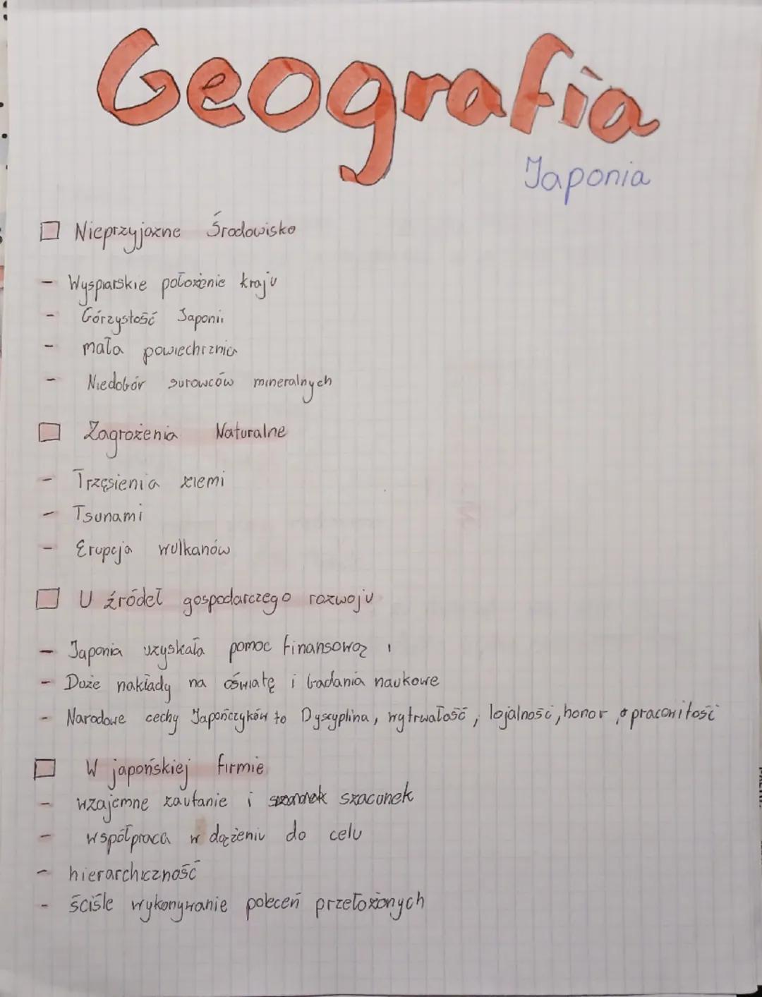1
Geografia
Nieprzyjazne Środowisko
Wyspiarskie położenie kraju
Górzystość Japonii
mała powiechrznie
Niedobór surowców mineralnych
☐ Zagroże