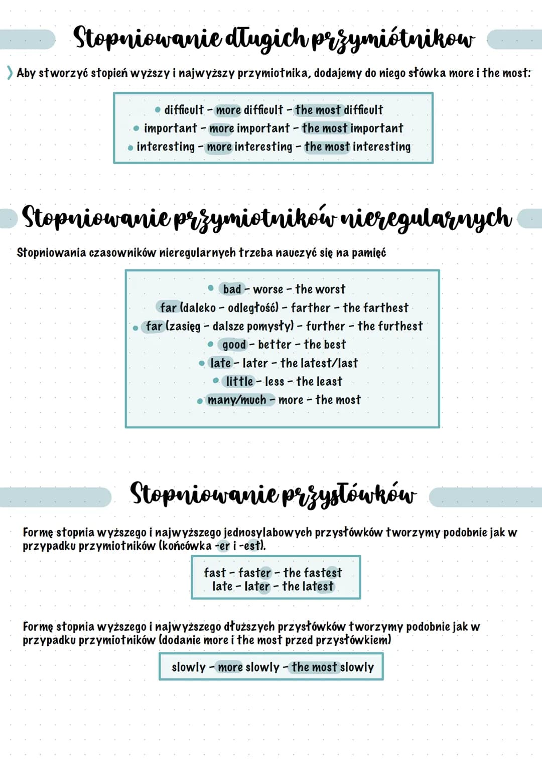 Stopniowanie
przymiotników
Przymiotników w stopniu wyższym używamy do porównywania ludzi i rzeczy.
Przymiotników w słopniu najwyższym - do w