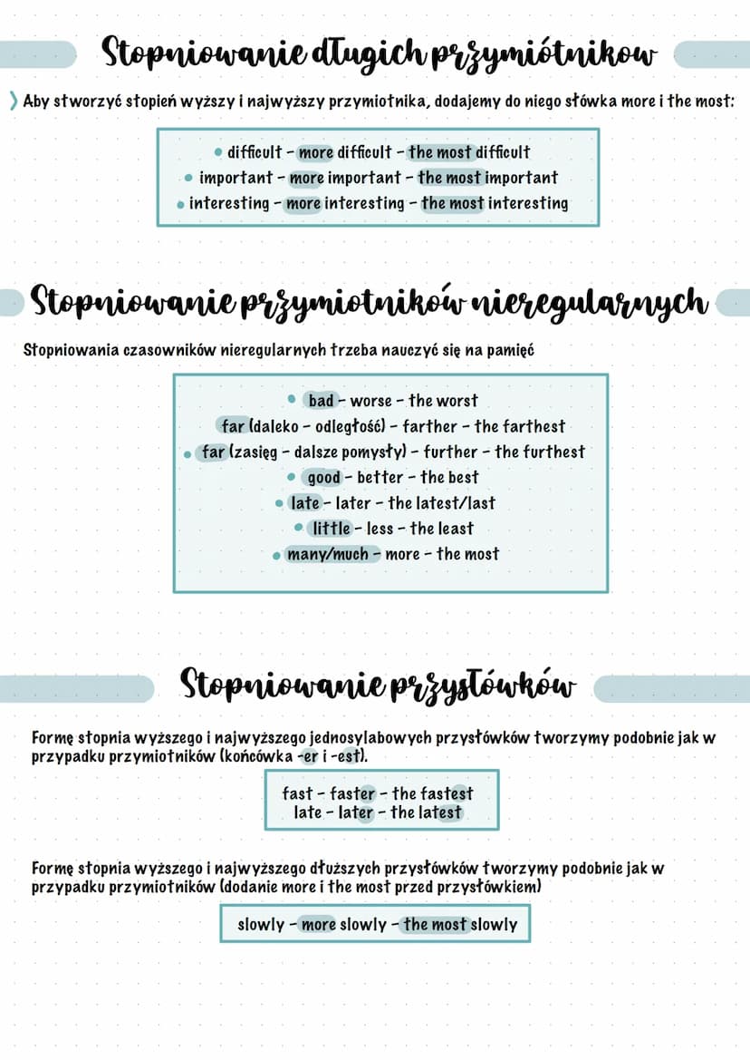 Stopniowanie
przymiotników
Przymiotników w stopniu wyższym używamy do porównywania ludzi i rzeczy.
Przymiotników w słopniu najwyższym - do w