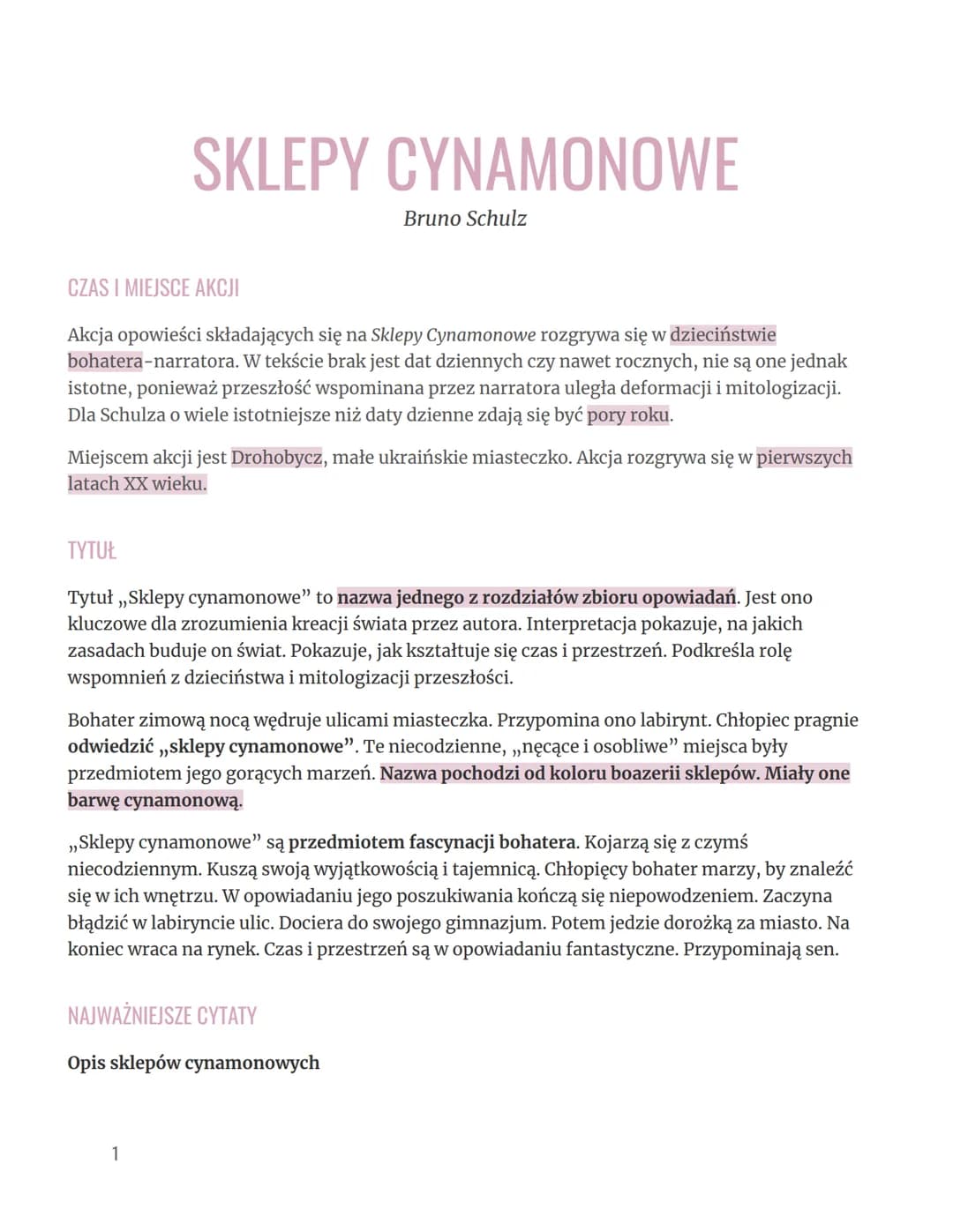 SKLEPY CYNAMONOWE
CZAS I MIEJSCE AKCJI
Akcja opowieści składających się na Sklepy Cynamonowe rozgrywa się w dzieciństwie
bohatera-narratora.
