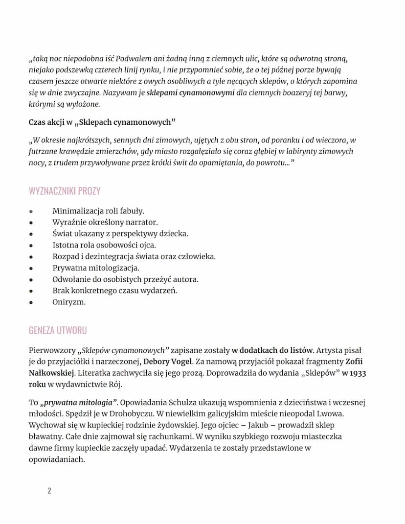 SKLEPY CYNAMONOWE
CZAS I MIEJSCE AKCJI
Akcja opowieści składających się na Sklepy Cynamonowe rozgrywa się w dzieciństwie
bohatera-narratora.